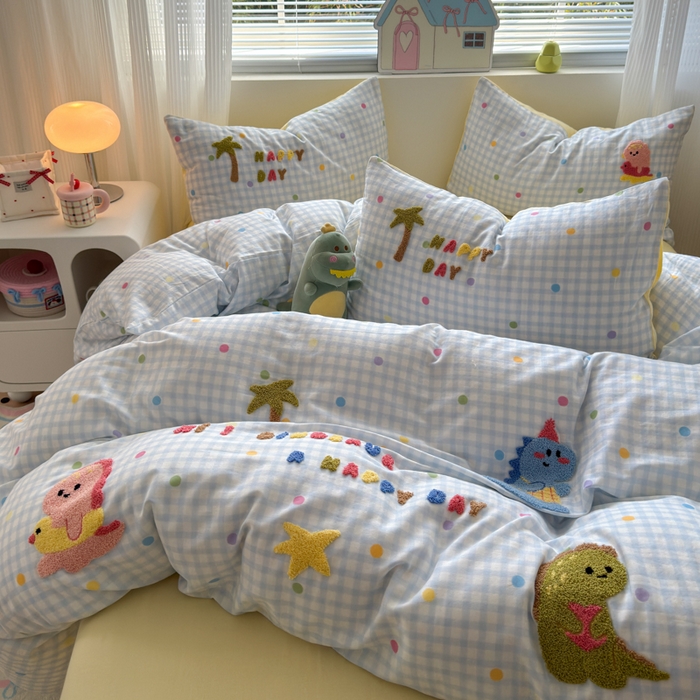 91家纺网 家纺一手货源 找家纺 如意朵 2025新款全棉双层纱小清新绣花四件套（专版花型） 恐龙派对