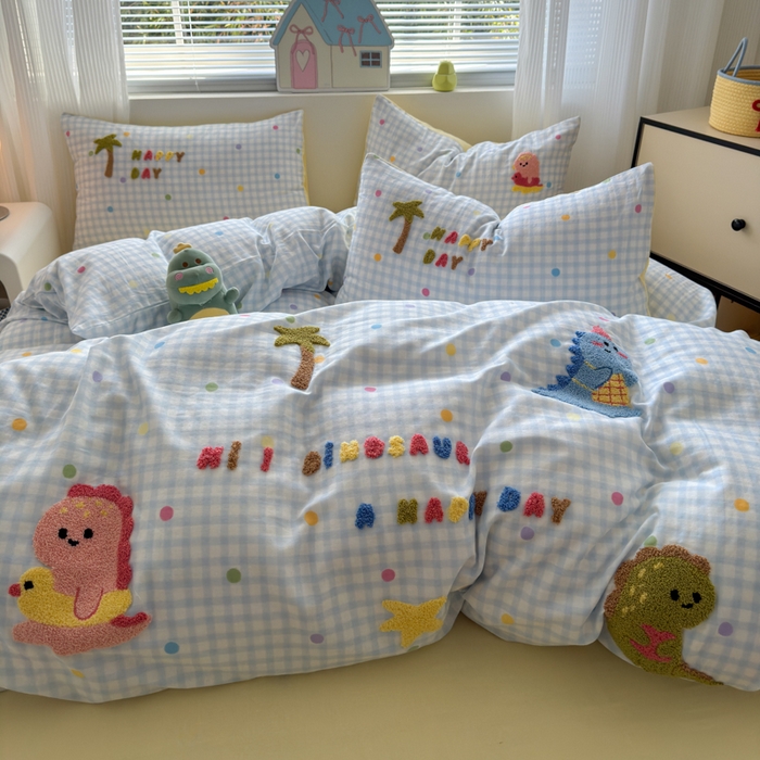 91家纺网 家纺一手货源 找家纺 如意朵 2025新款全棉双层纱小清新绣花四件套（专版花型） 恐龙派对