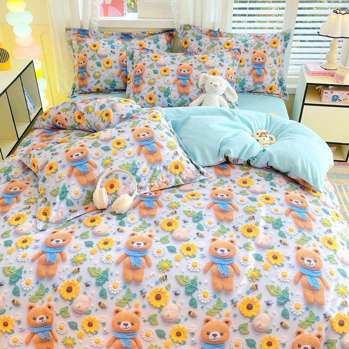 91家纺网 家纺一手货源 找家纺 恋之语 2025新款数码印花四件套卡通款 小熊向日葵