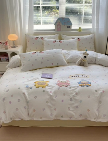 91家纺网 家纺一手货源 找家纺 如意朵 2025新款全棉双层纱小清新绣花四件套（专版花型） 蛋仔派对