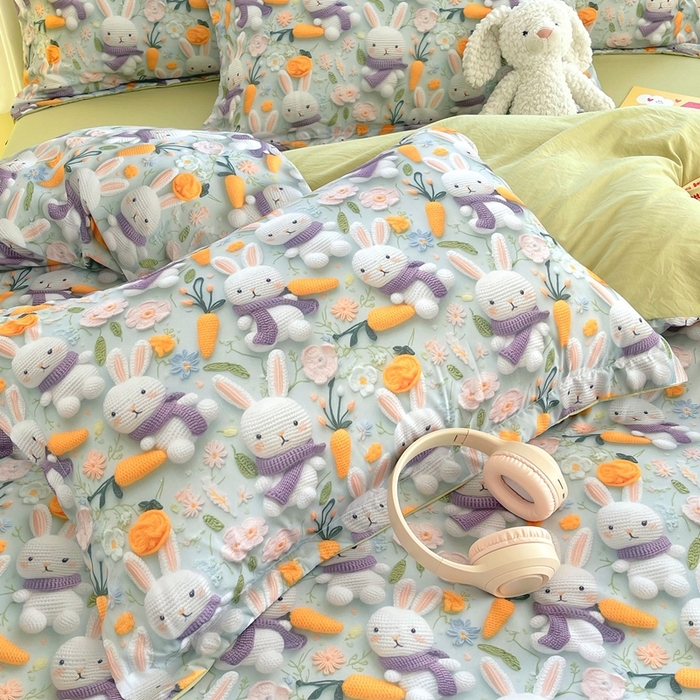 91家纺网 家纺一手货源 找家纺 恋之语 2025新款数码印花四件套卡通款 萌兔胡萝卜