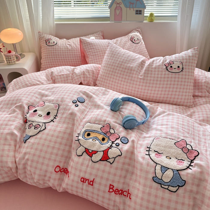 91家纺网 家纺一手货源 找家纺 如意朵 2025新款全棉双层纱小清新绣花四件套（专版花型） 猫咪派对