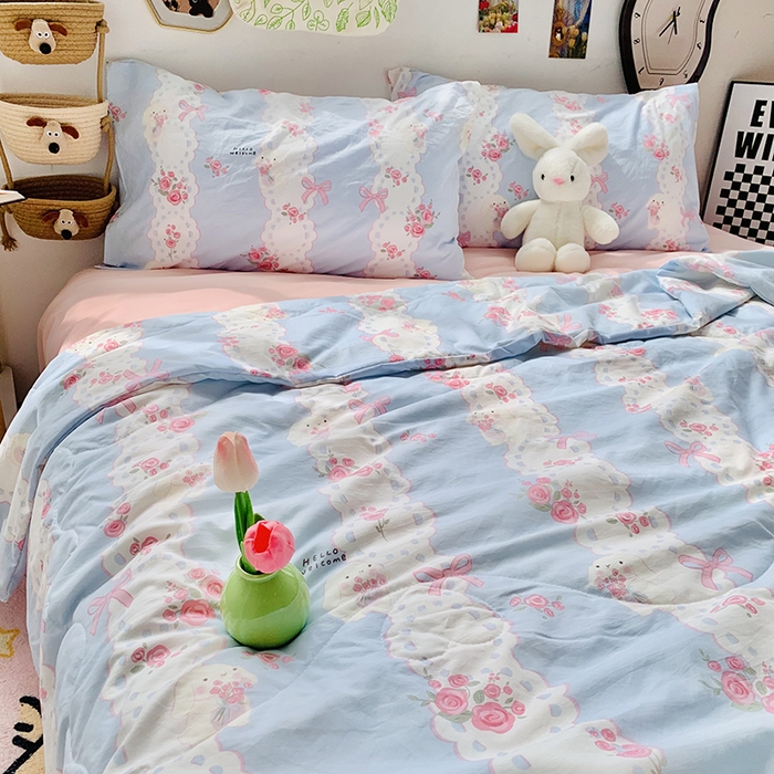 91家纺网 家纺一手货源 找家纺 2025新款1活性印染水洗棉大豆夏被 夏被-玫瑰小兔