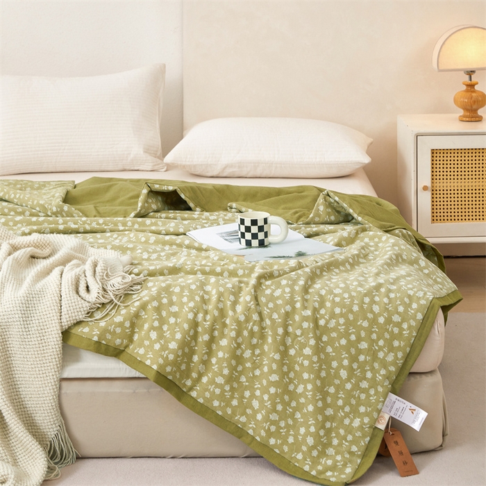 91家纺网 家纺一手货源 找家纺 瑞米家居 2025新款全棉色织提花夏被 漫天花海-芥末绿