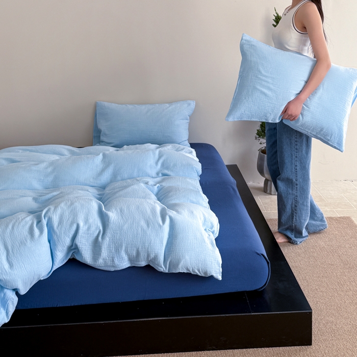 91家纺网 家纺一手货源 找家纺 （总）山舍家居 2025新款皱皱双层纱纯色四件套