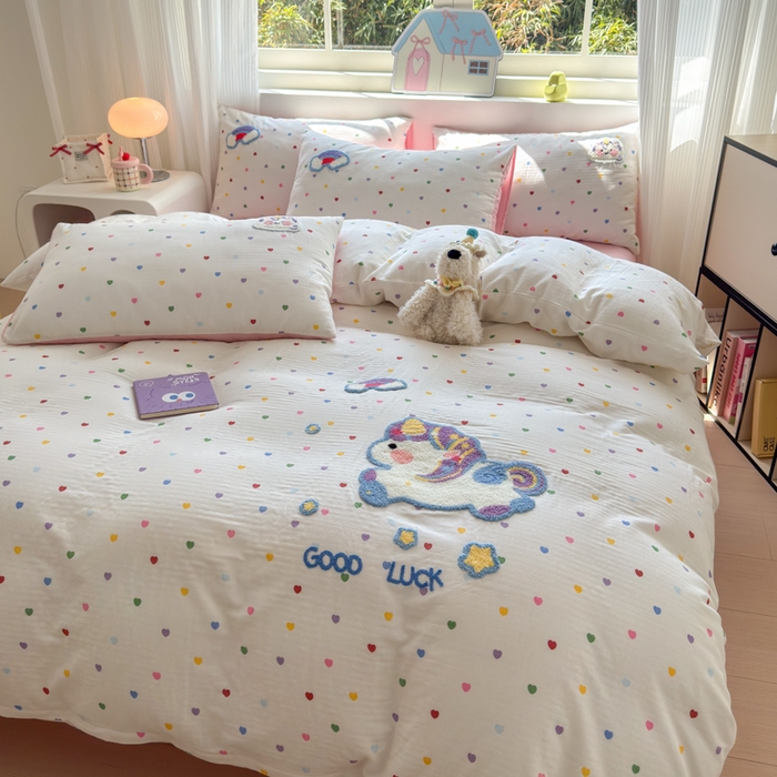 91家纺网 家纺一手货源 找家纺 如意朵 2025新款全棉双层纱小清新绣花四件套（专版花型） 彩虹小马