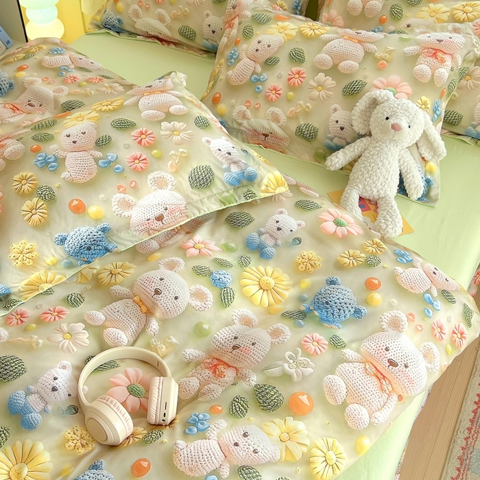 91家纺网 家纺一手货源 找家纺 恋之语 2025新款数码印花四件套卡通款 小熊花园