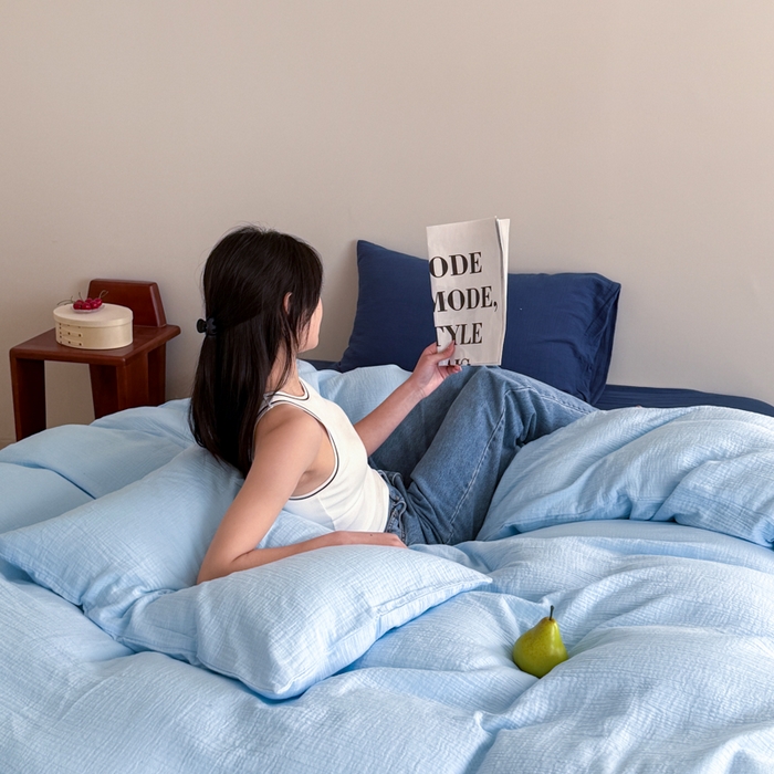 91家纺网 家纺一手货源 找家纺 （总）山舍家居 2025新款皱皱双层纱纯色四件套