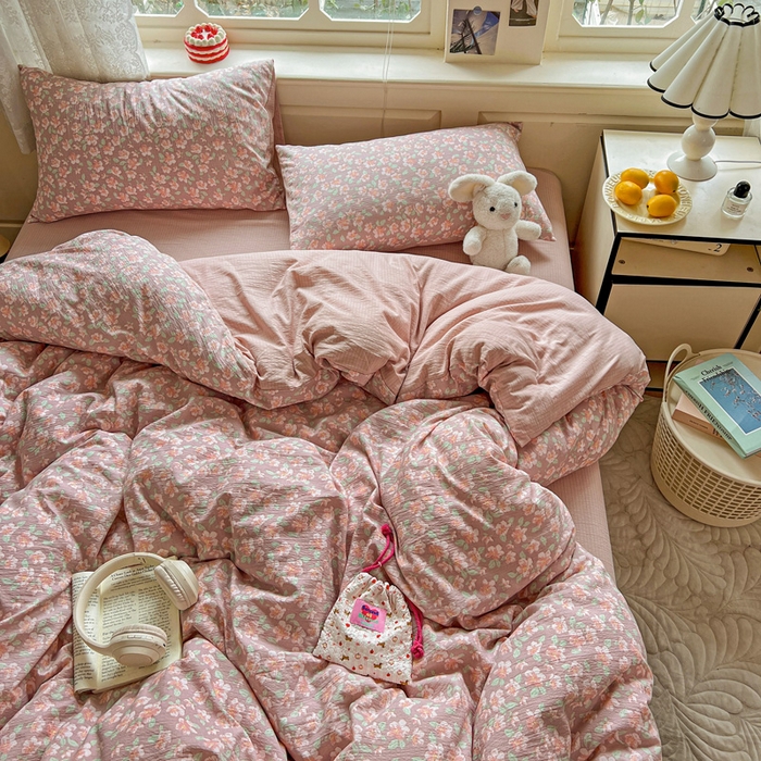 91家纺网 家纺一手货源 找家纺 一比一 2026新款云感皱皱双层纱四件套-简单款 水墨丹青红