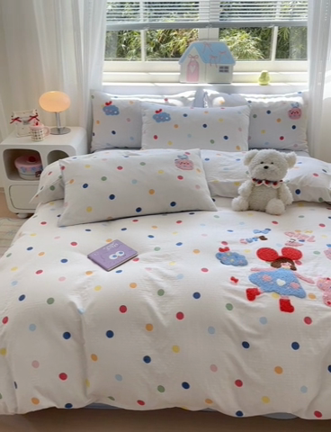 91家纺网 家纺一手货源 找家纺 如意朵 2025新款全棉双层纱小清新绣花四件套（专版花型） 快乐女孩