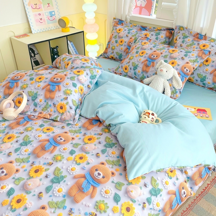 91家纺网 家纺一手货源 找家纺 恋之语 2025新款数码印花四件套卡通款 小熊向日葵