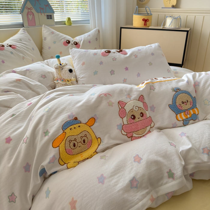 91家纺网 家纺一手货源 找家纺 如意朵 2025新款全棉双层纱小清新绣花四件套（专版花型） 蛋仔派对