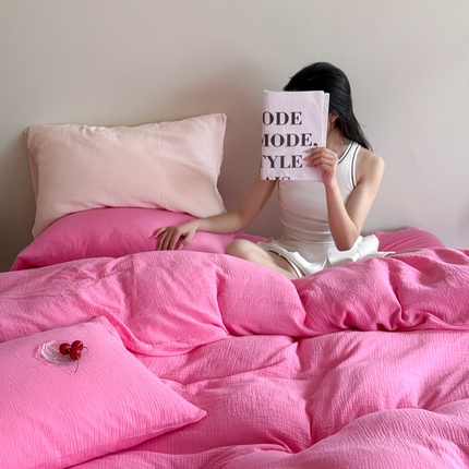山舍家居 2025新款皱皱双层纱纯色四件套 春日玫红