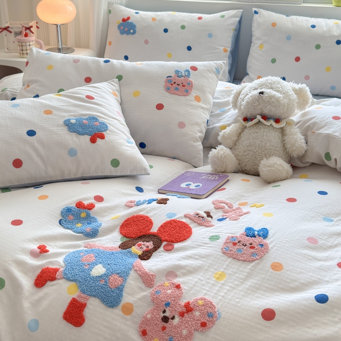 91家纺网 家纺一手货源 找家纺 如意朵 2025新款全棉双层纱小清新绣花四件套（专版花型） 快乐女孩