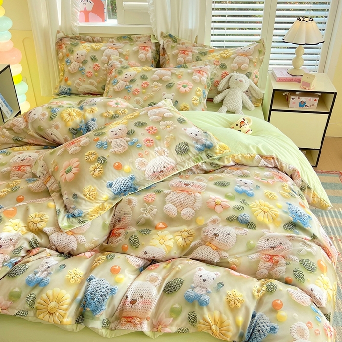 91家纺网 家纺一手货源 找家纺 恋之语 2025新款数码印花四件套卡通款 小熊花园