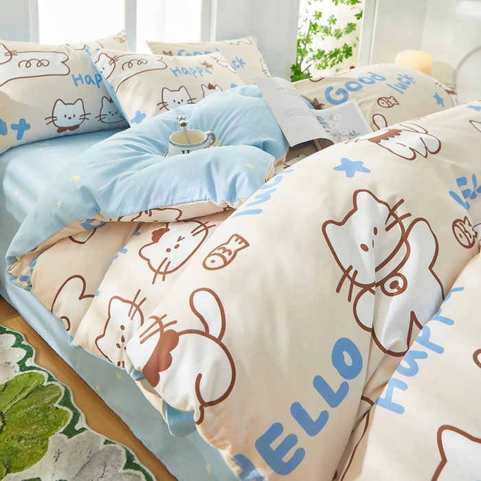 91家纺网 家纺一手货源 找家纺 黛妮雅 2025新款AB版全棉印花床单款全棉四件套 送买家秀 幸运猫咪