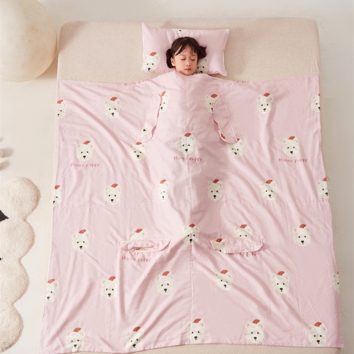 91家纺网 家纺一手货源 找家纺 艾佳宝贝 2025A类全棉纱布护肚防踢睡袋多功能盖毯宝宝夏被 乖萌小狗