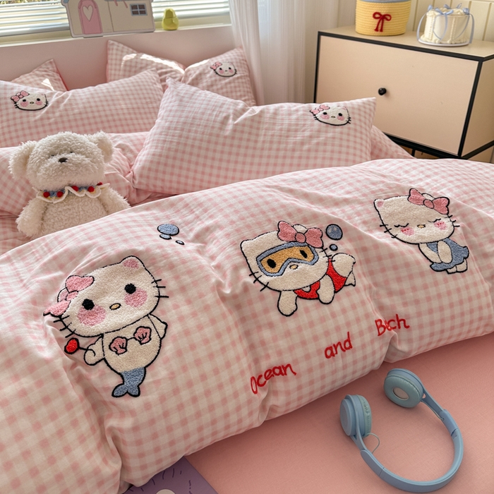 91家纺网 家纺一手货源 找家纺 如意朵 2025新款全棉双层纱小清新绣花四件套（专版花型） 猫咪派对