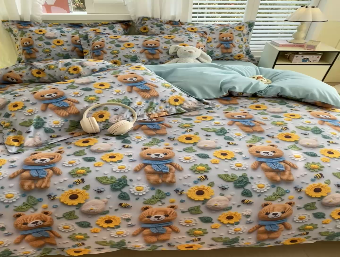 91家纺网 家纺一手货源 找家纺 恋之语 2025新款数码印花四件套卡通款 小熊向日葵