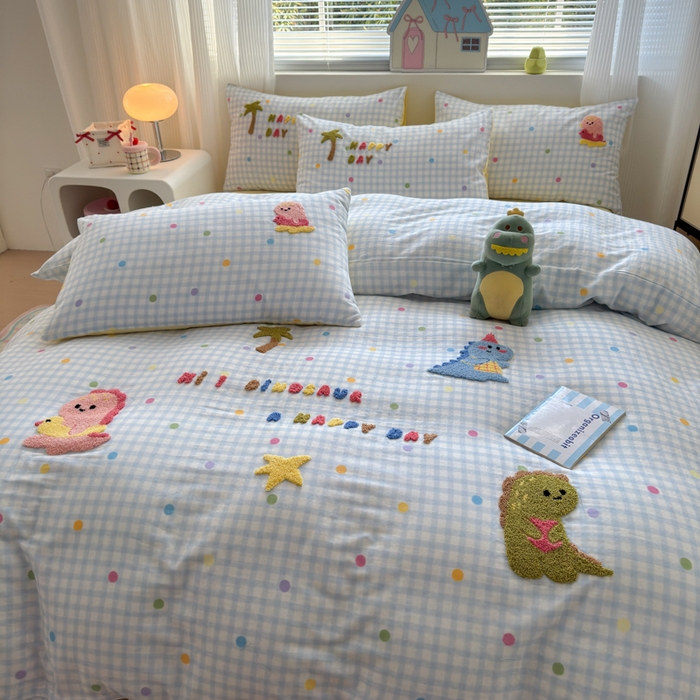 91家纺网 家纺一手货源 找家纺 如意朵 2025新款全棉双层纱小清新绣花四件套（专版花型） 恐龙派对