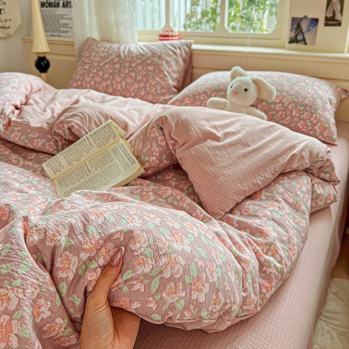 91家纺网 家纺一手货源 找家纺 一比一 2026新款云感皱皱双层纱四件套-简单款 水墨丹青红