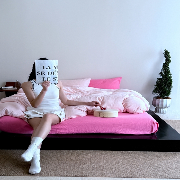 91家纺网 家纺一手货源 找家纺 （总）山舍家居 2025新款皱皱双层纱纯色四件套