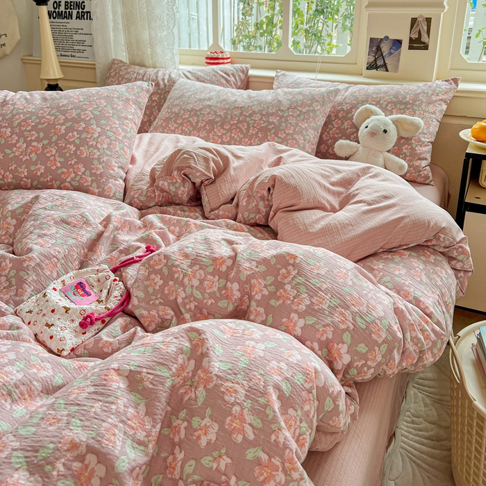 91家纺网 家纺一手货源 找家纺 一比一 2026新款云感皱皱双层纱四件套-简单款 水墨丹青红