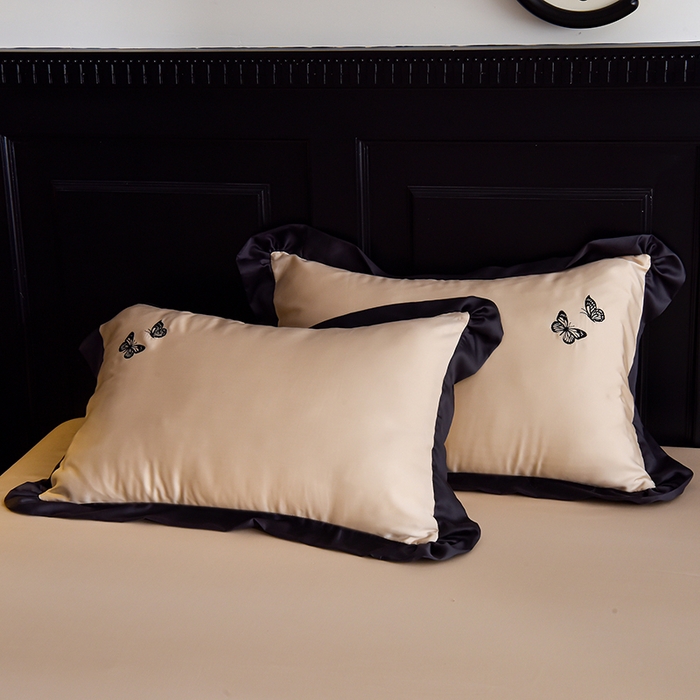 91家纺网 家纺一手货源 找家纺 大麦家纺 2025新款水洗天丝绣花款夏被四件套 蝴蝶飞飞-奶杏