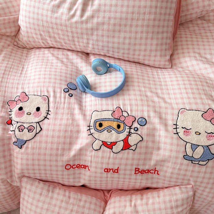 91家纺网 家纺一手货源 找家纺 如意朵 2025新款全棉双层纱小清新绣花四件套（专版花型） 猫咪派对