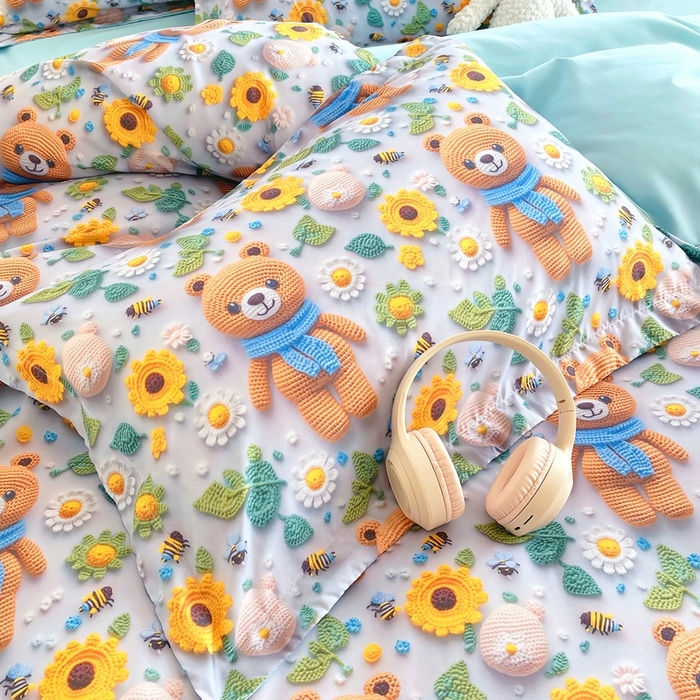 91家纺网 家纺一手货源 找家纺 恋之语 2025新款数码印花四件套卡通款 小熊向日葵