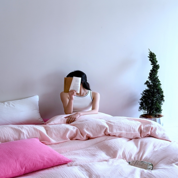 91家纺网 家纺一手货源 找家纺 （总）山舍家居 2025新款皱皱双层纱纯色四件套