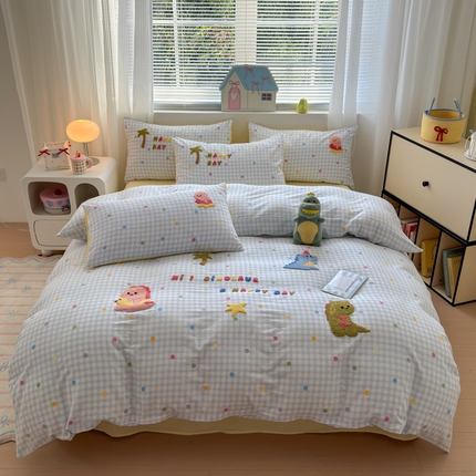 如意朵 2025新款全棉双层纱小清新绣花四件套（专版花型） 恐龙派对