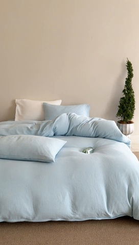 91家纺网 家纺一手货源 找家纺 山舍家居 2025新款皱皱双层纱纯色四件套 冰河蓝