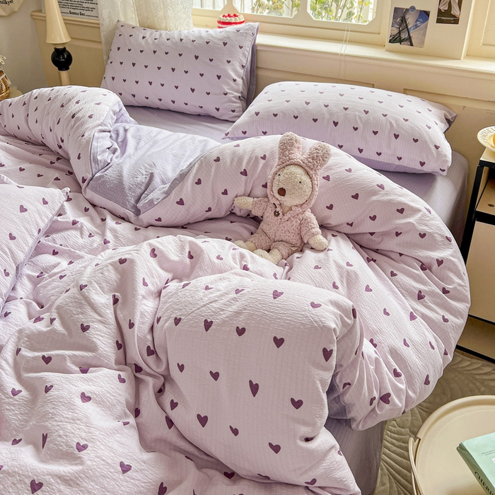 91家纺网 家纺一手货源 找家纺 一比一 2026新款云感皱皱双层纱四件套-简单款 紫爱心