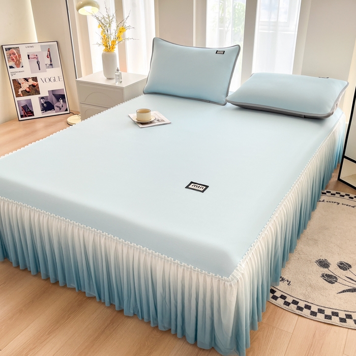 91家纺网 家纺一手货源 找家纺 子曰 2025新款A类高分子PE小清新凉感席系列-床裙款  小清新-天蓝