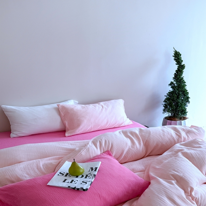 91家纺网 家纺一手货源 找家纺 （总）山舍家居 2025新款皱皱双层纱纯色四件套