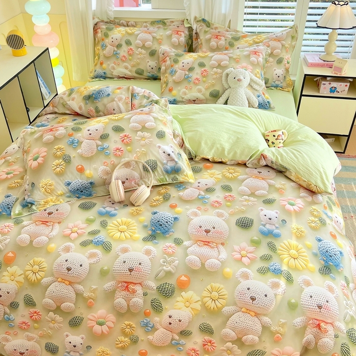 91家纺网 家纺一手货源 找家纺 恋之语 2025新款数码印花四件套卡通款 小熊花园