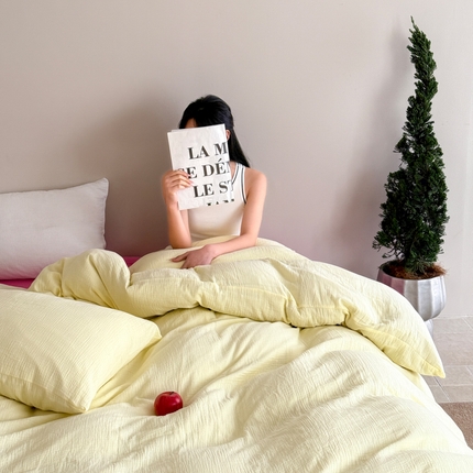 山舍家居 2025新款皱皱双层纱纯色四件套 春日野芒