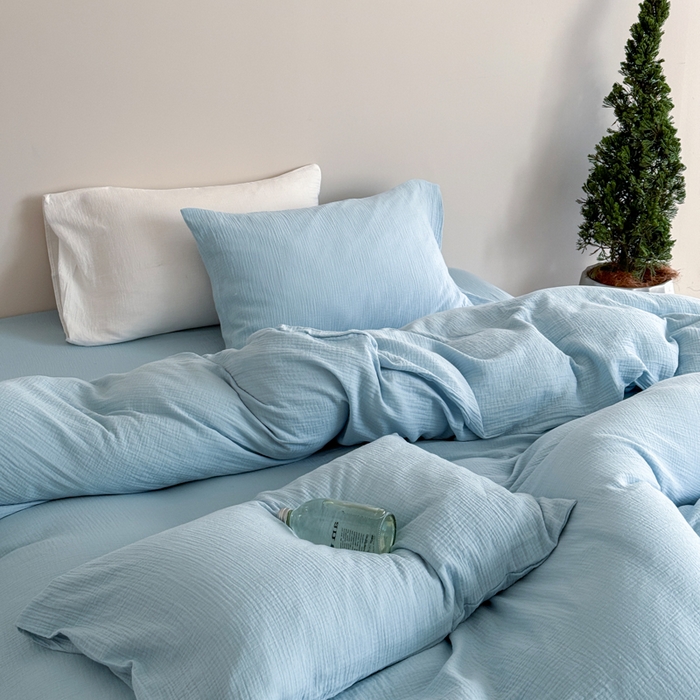 91家纺网 家纺一手货源 找家纺 山舍家居 2025新款皱皱双层纱纯色四件套 冰河蓝