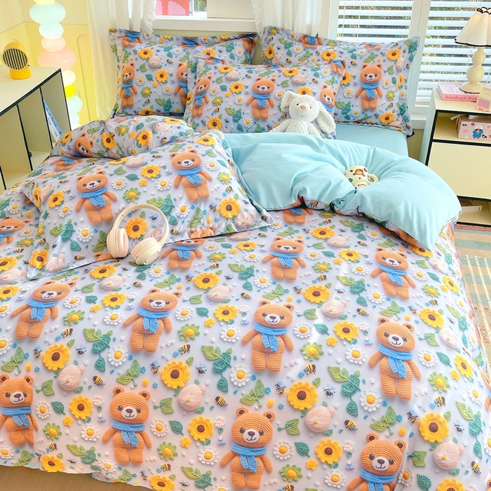 91家纺网 家纺一手货源 找家纺 恋之语 2025新款数码印花四件套卡通款 小熊向日葵