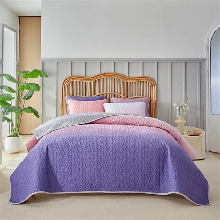 91家纺网 家纺一手货源 找家纺 温宁家纺 2025新款跨境双面化纤水洗棉传统印花夹棉四季床盖 渐变蓝紫