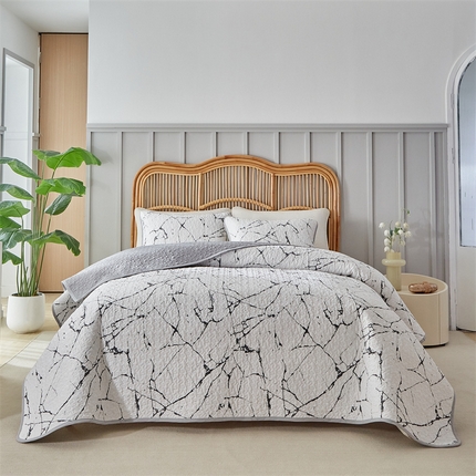 温宁家纺 2025新款跨境双面化纤水洗棉传统印花夹棉四季床盖 抽象黑白