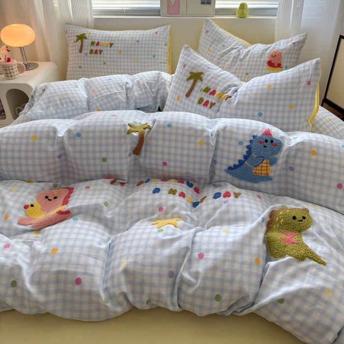 91家纺网 家纺一手货源 找家纺 如意朵 2025新款全棉双层纱小清新绣花四件套（专版花型） 恐龙派对