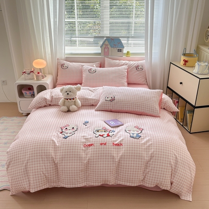 如意朵 2025新款全棉双层纱小清新绣花四件套（专版花型） 猫咪派对