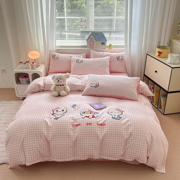 91家纺网 家纺一手货源 找家纺 如意朵 2025新款全棉双层纱小清新绣花四件套（专版花型） 猫咪派对