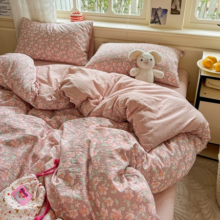 91家纺网 家纺一手货源 找家纺 （总）一比一 2025新款云感皱皱双层纱四件套-简单款