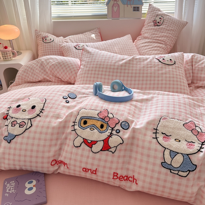 91家纺网 家纺一手货源 找家纺 如意朵 2025新款全棉双层纱小清新绣花四件套（专版花型） 猫咪派对