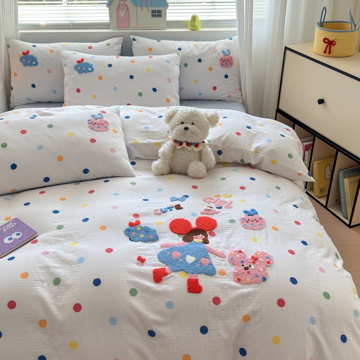 91家纺网 家纺一手货源 找家纺 如意朵 2025新款全棉双层纱小清新绣花四件套（专版花型） 快乐女孩