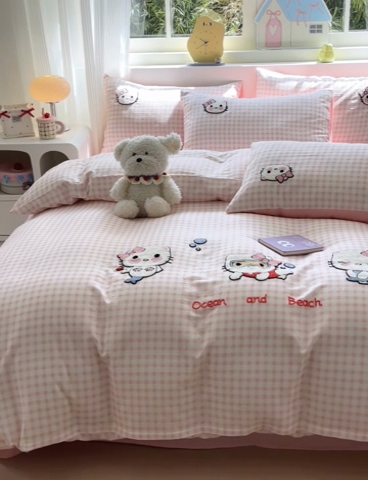 91家纺网 家纺一手货源 找家纺 如意朵 2025新款全棉双层纱小清新绣花四件套（专版花型） 猫咪派对