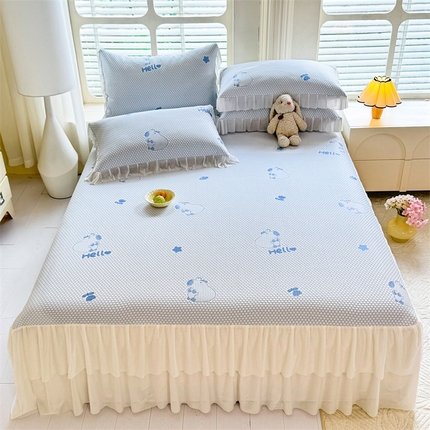 91家纺网 家纺一手货源 找家纺 优贝 2025新款直播爆款卡皮巴拉系列冰豆豆凉席床裙款 卡皮巴拉-蓝